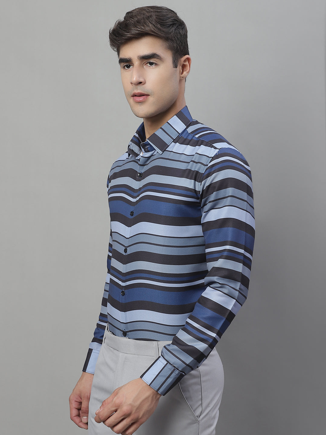 Jainish Men's Grey Classic Striped Formal Shirt - Grey