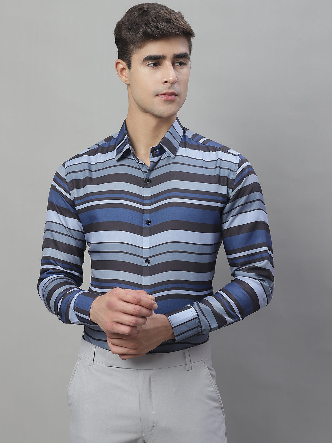 Jainish Men's Grey Classic Striped Formal Shirt - Grey