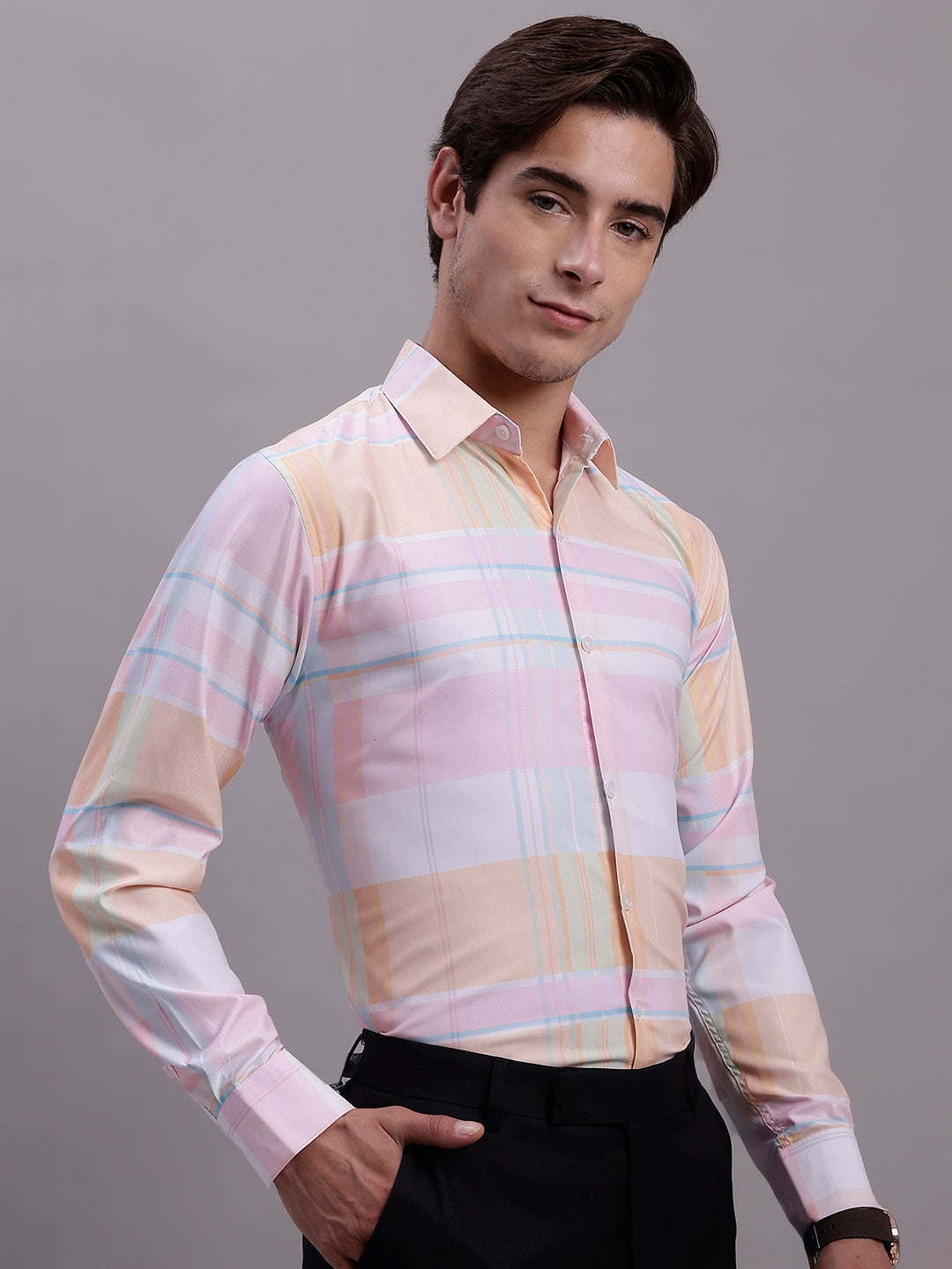 Jainish Men's Cotton Blend Checked Formal Shirt - Pink