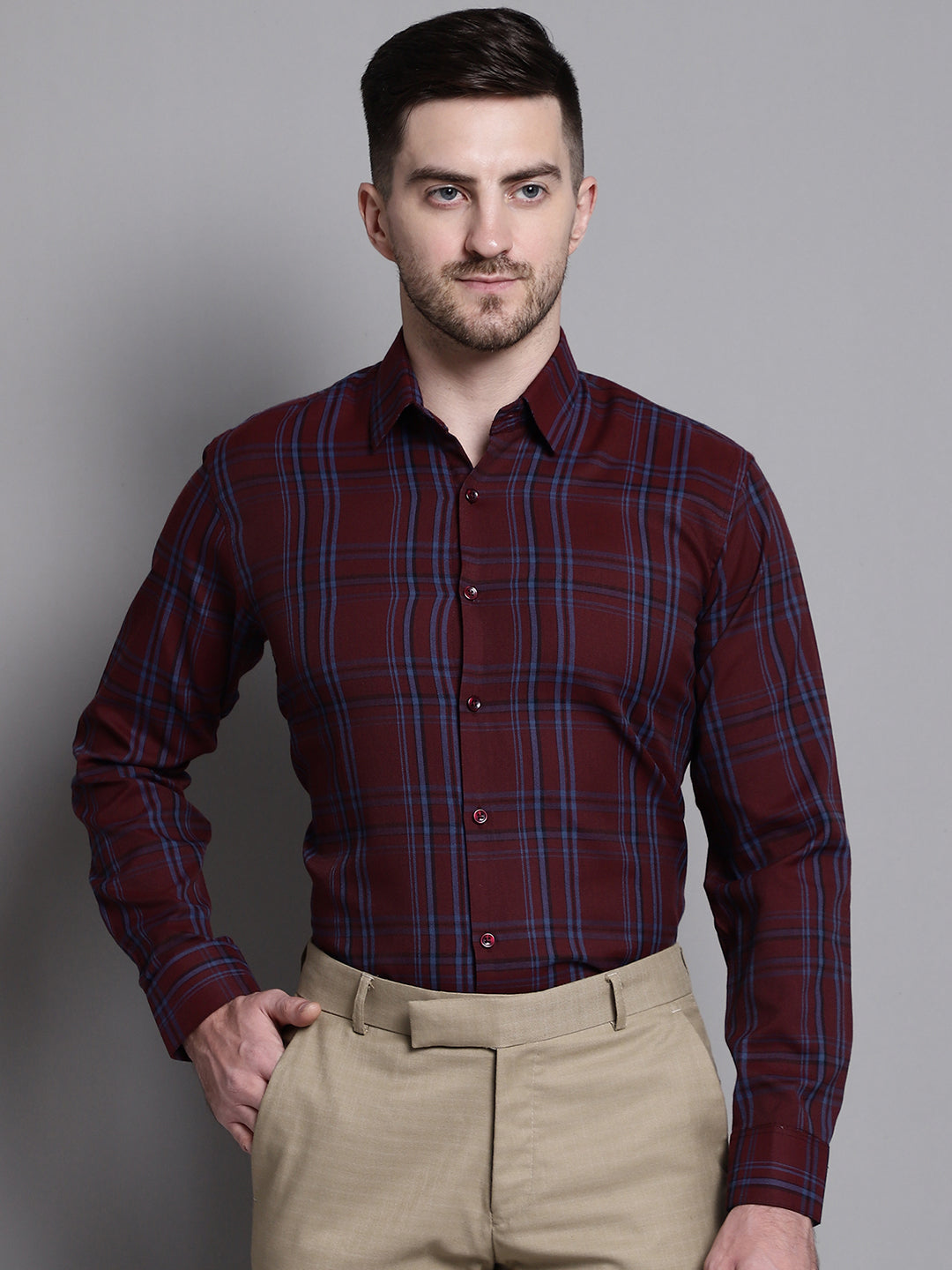 Jainish Men's Classic Checks Formal Shirt - Maroon