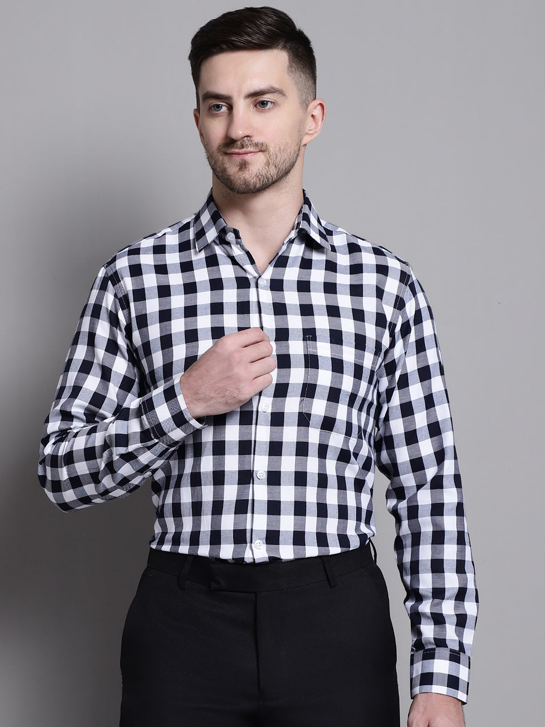Jainish Men's Buffalo Check Formal Shirt - Navy Blue