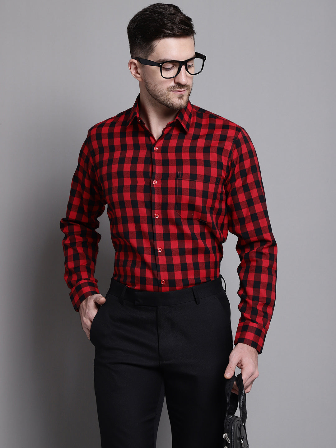 Jainish Men's Buffalo Check Formal Shirt - Red