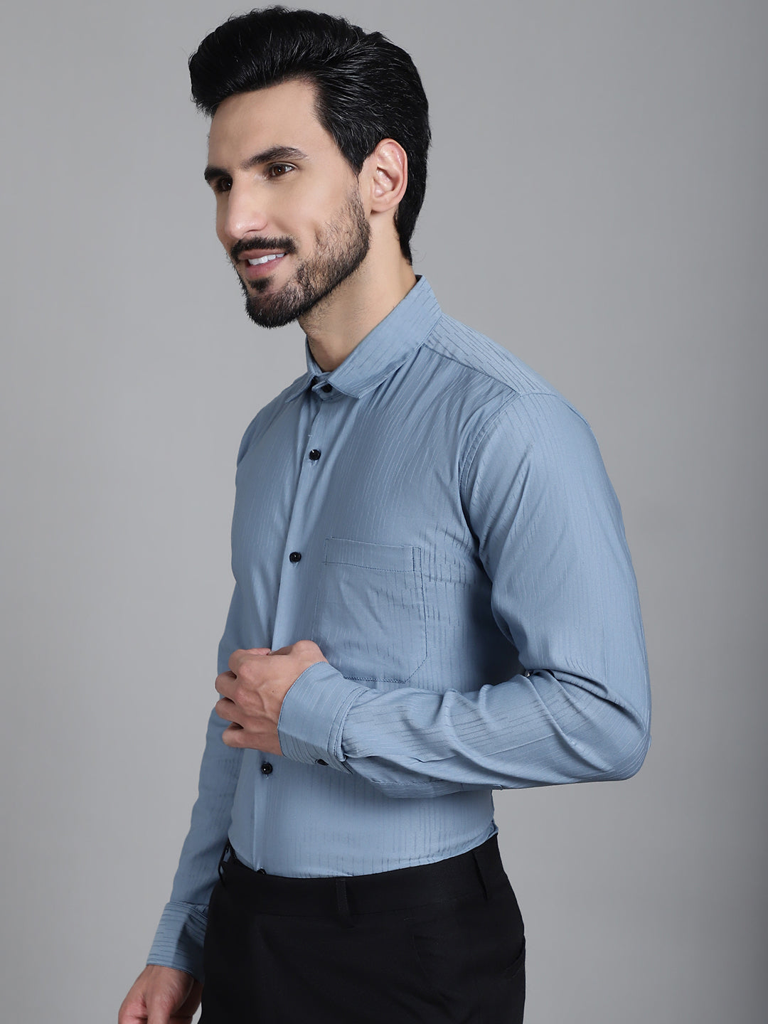 Indian Needle Men's Woven Design Formal Shirt - Grey