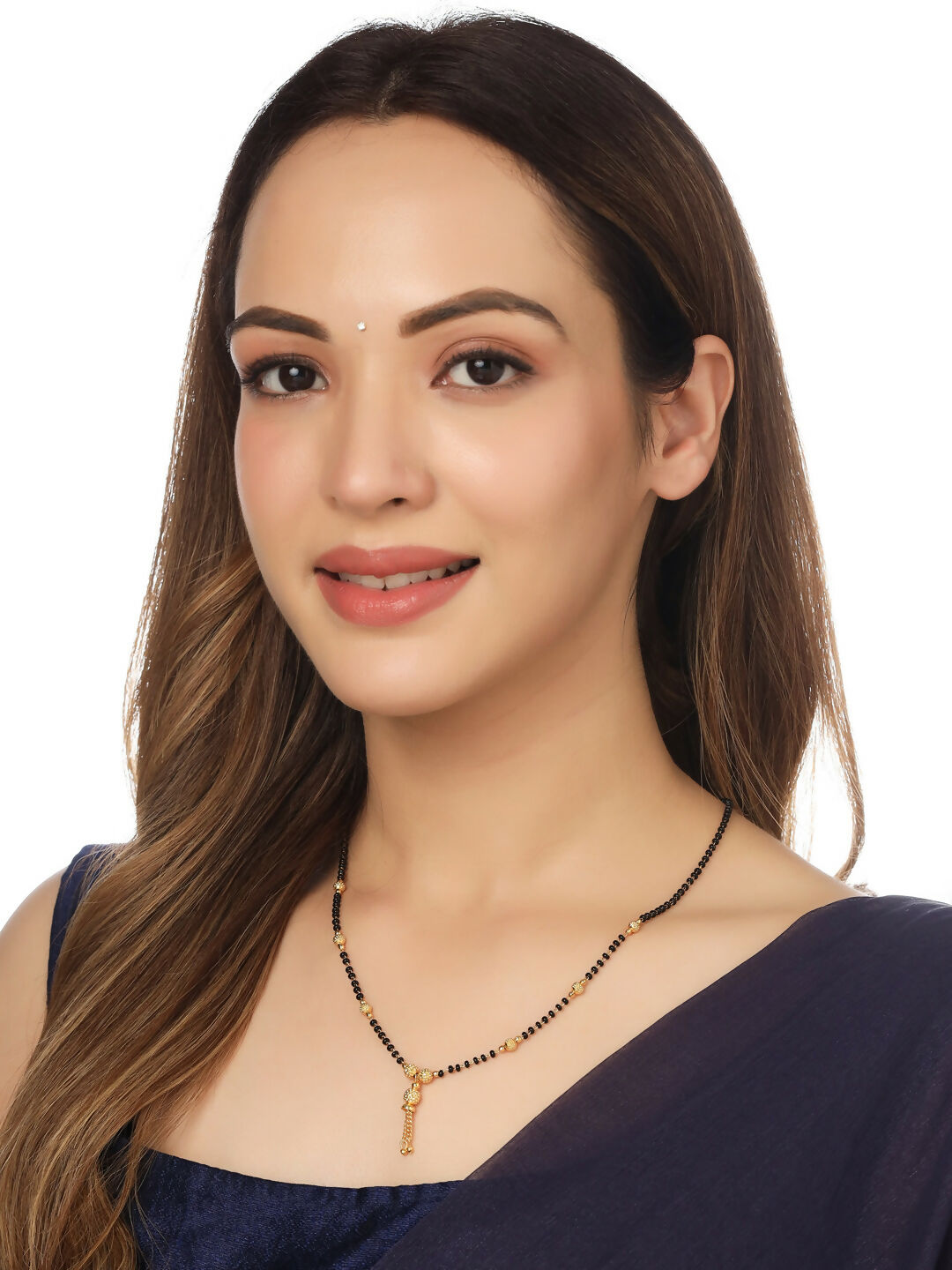 NVR Women's Set of 5 Gold-Polished Black Beaded Mangalsutra