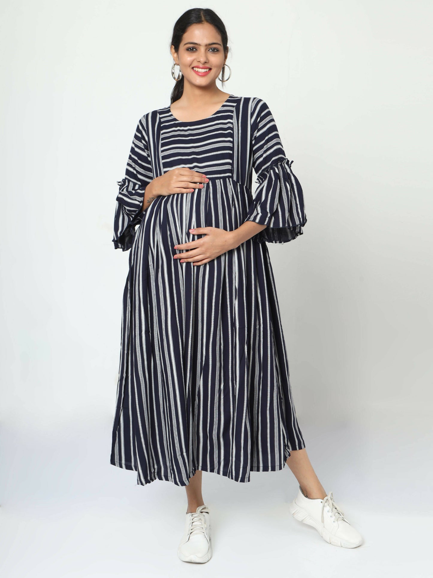Manet Three Fourth Maternity Dress With Concealed Zipper Nursing Access - Navy Blue