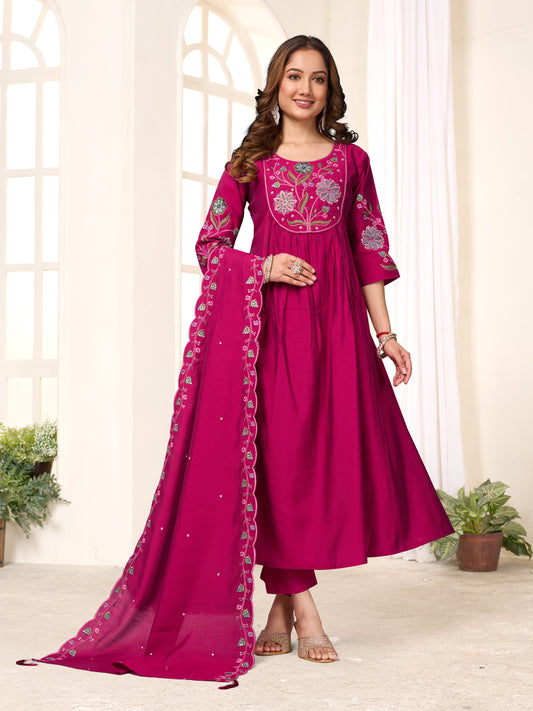 Sonakshi Women's Pink Viscose Roman Silk With Multi Thread Embroidered With Hand Work Anarkali Gown Set With Dupatta