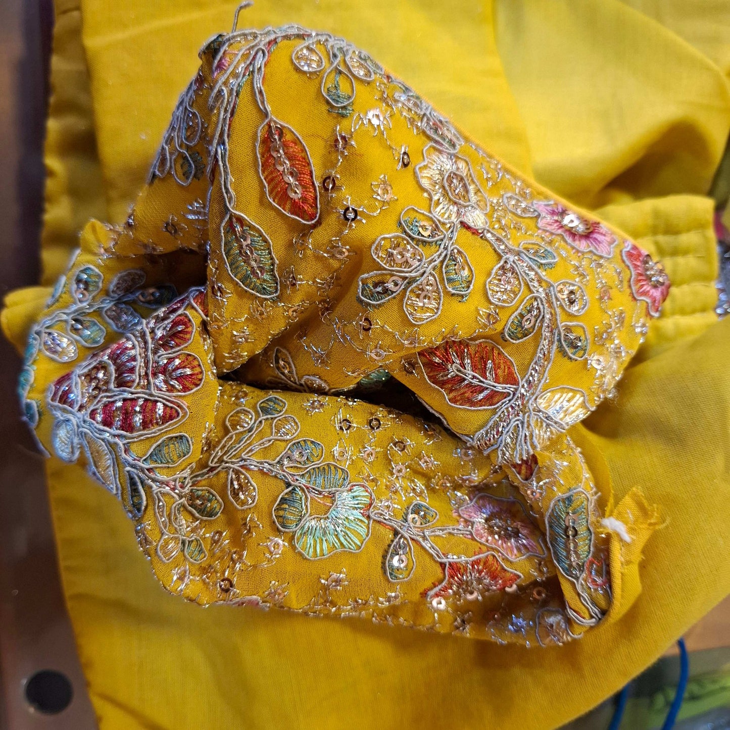 Kia Fashions Mustard Yellow Georgette Multi Color Emb & Sqn Readymade Blouse