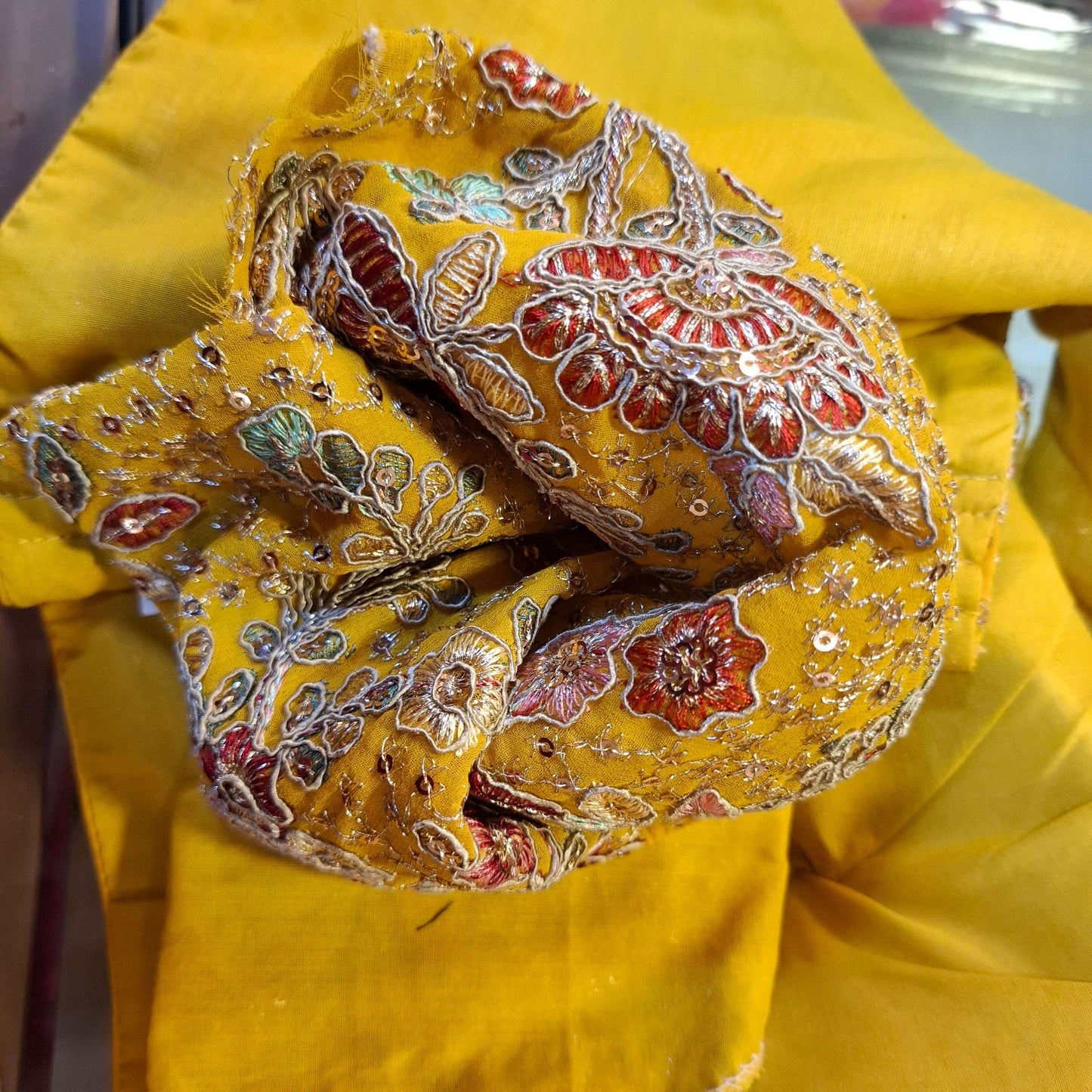Kia Fashions Mustard Yellow Georgette Multi Color Emb & Sqn Readymade Blouse