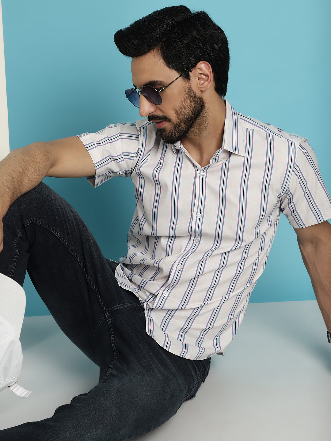 Indian Needle Men's Vertical Striped Half Sleeve Casual Shirt - Cream