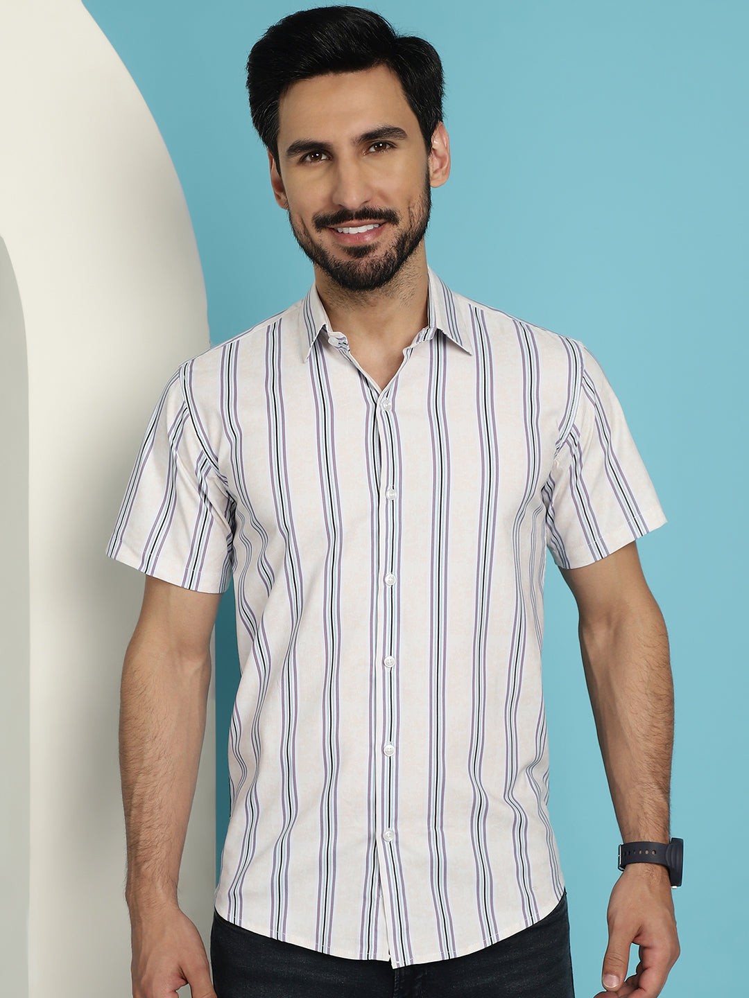 Indian Needle Men's Vertical Striped Half Sleeve Casual Shirt - Cream