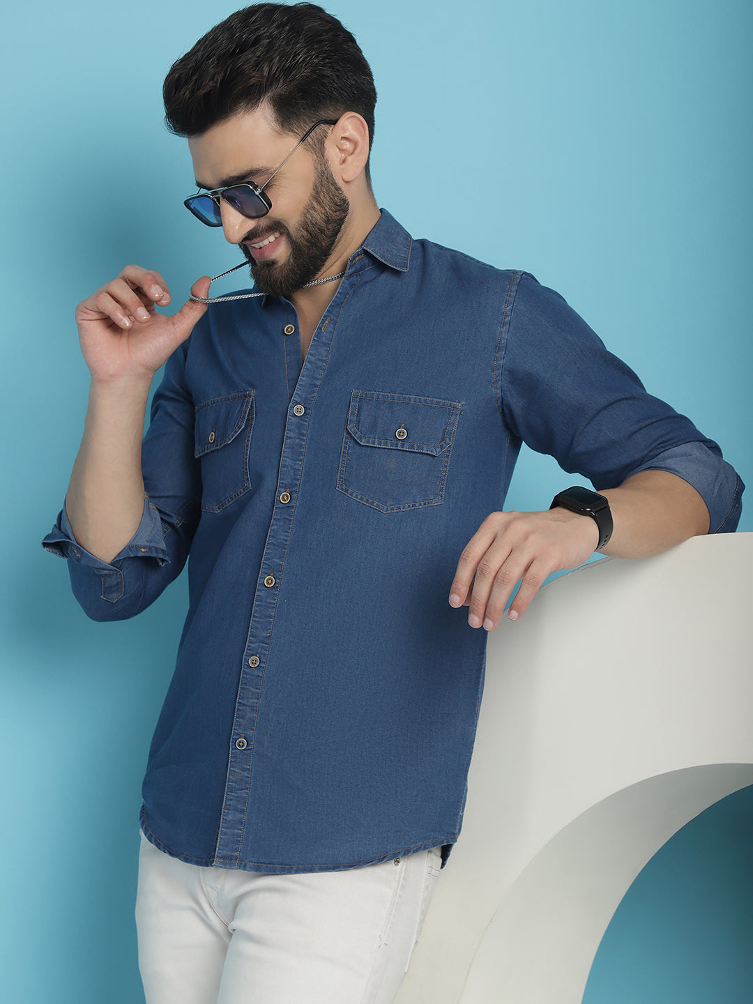 Indian Needle Men's Faded Cotton Denim Casual Shirt - Blue