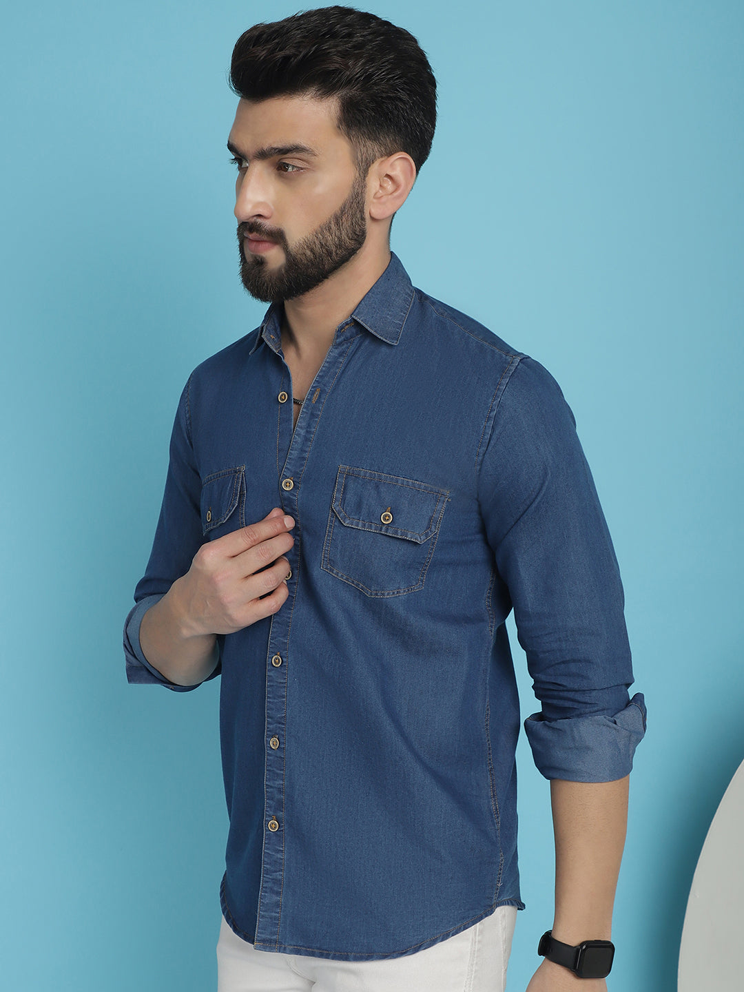 Indian Needle Men's Faded Cotton Denim Casual Shirt - Blue