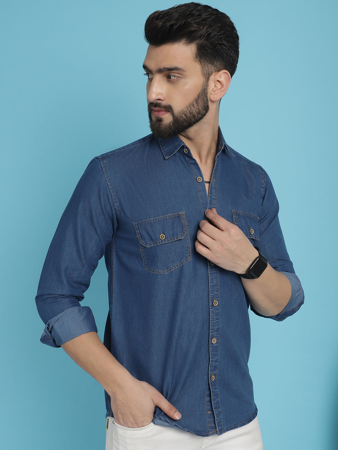 Indian Needle Men's Faded Cotton Denim Casual Shirt - Blue