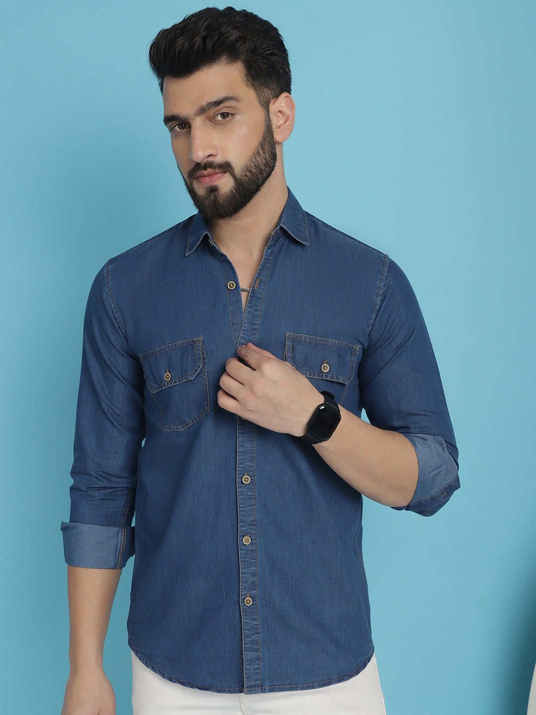 Indian Needle Men's Faded Cotton Denim Casual Shirt - Blue
