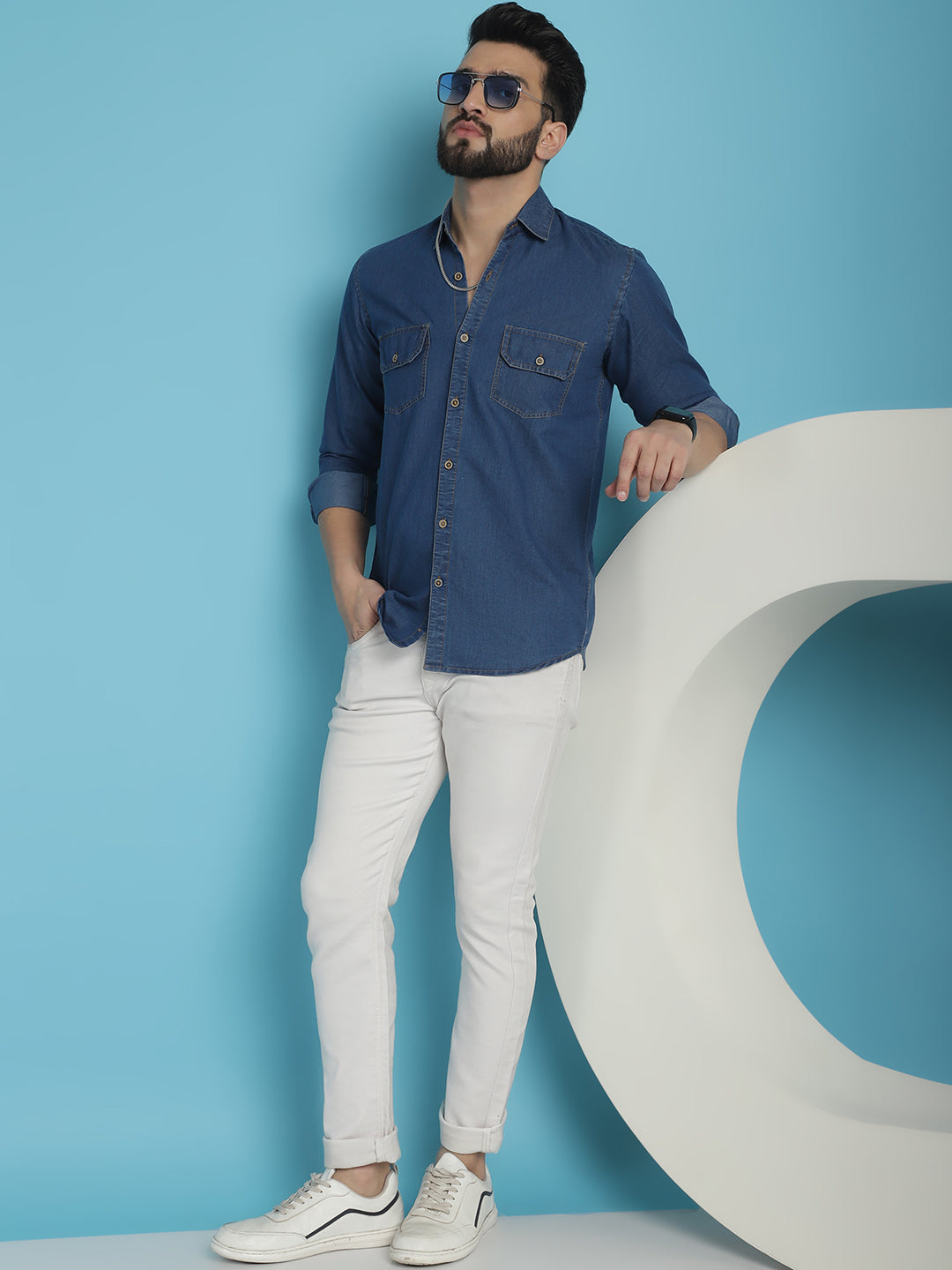 Indian Needle Men's Faded Cotton Denim Casual Shirt - Blue