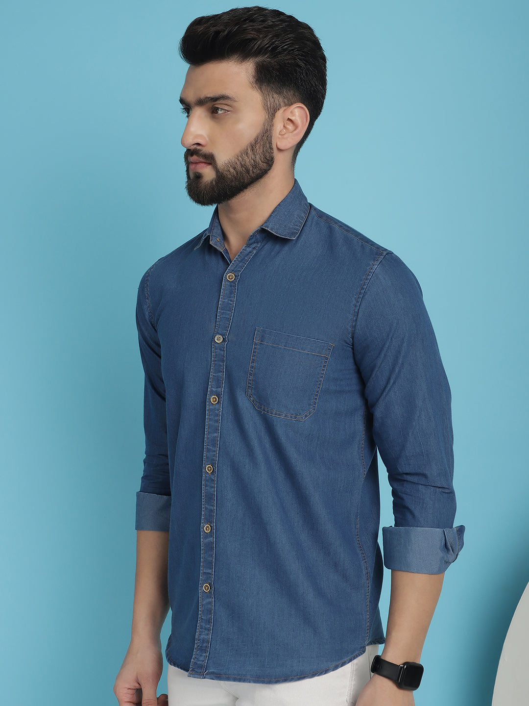 Indian Needle Men's Faded Cotton Denim Casual Shirt - Blue