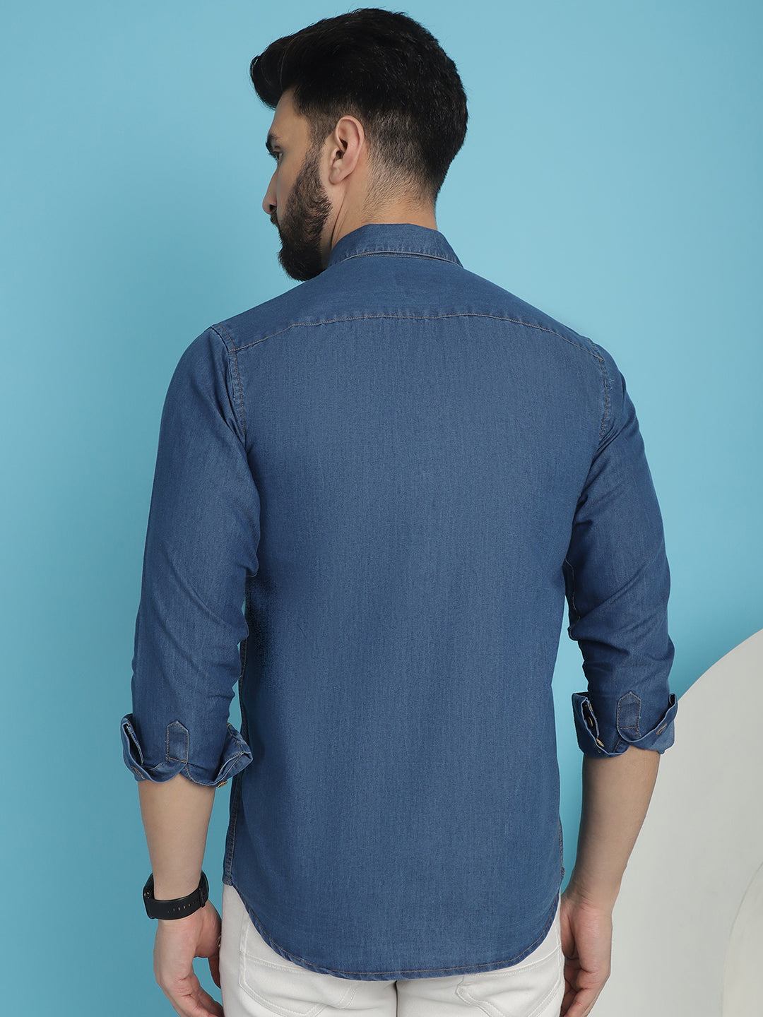 Indian Needle Men's Faded Cotton Denim Casual Shirt - Blue