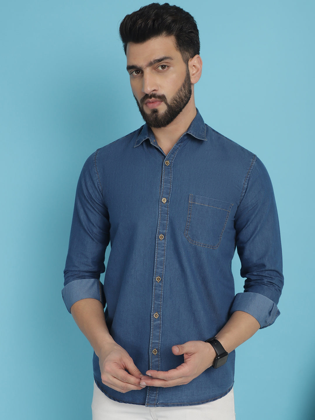 Indian Needle Men's Faded Cotton Denim Casual Shirt - Blue