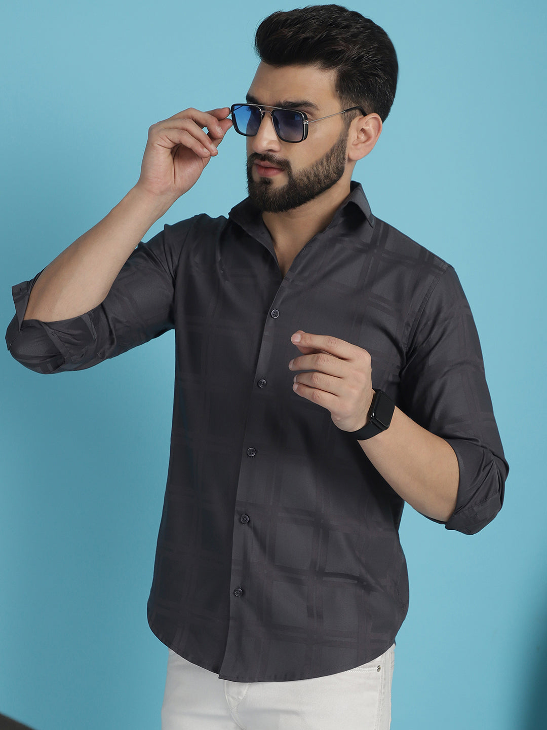 Indian Needle Men's Charcoal Grey Checked Casual Shirt