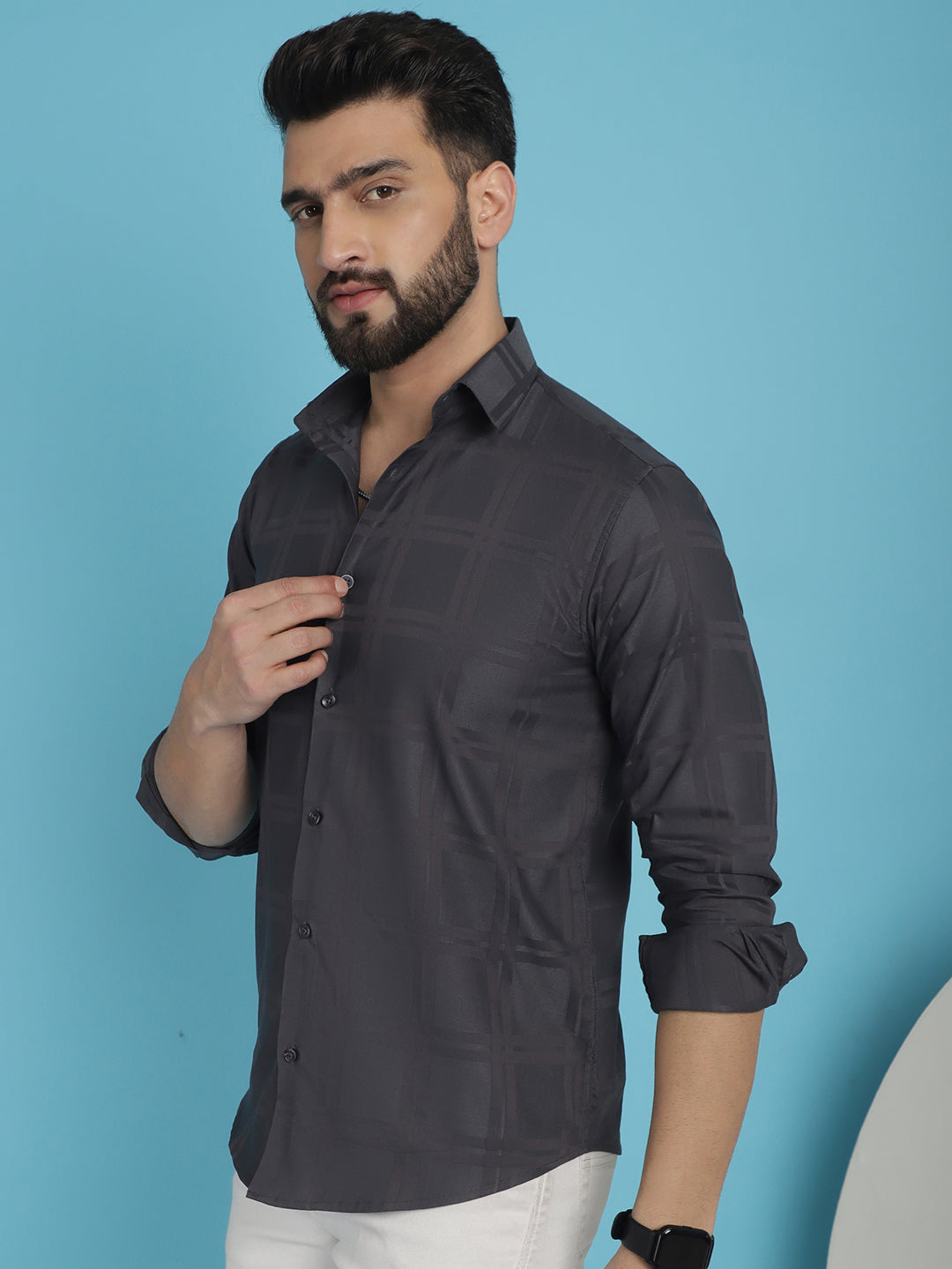 Indian Needle Men's Charcoal Grey Checked Casual Shirt