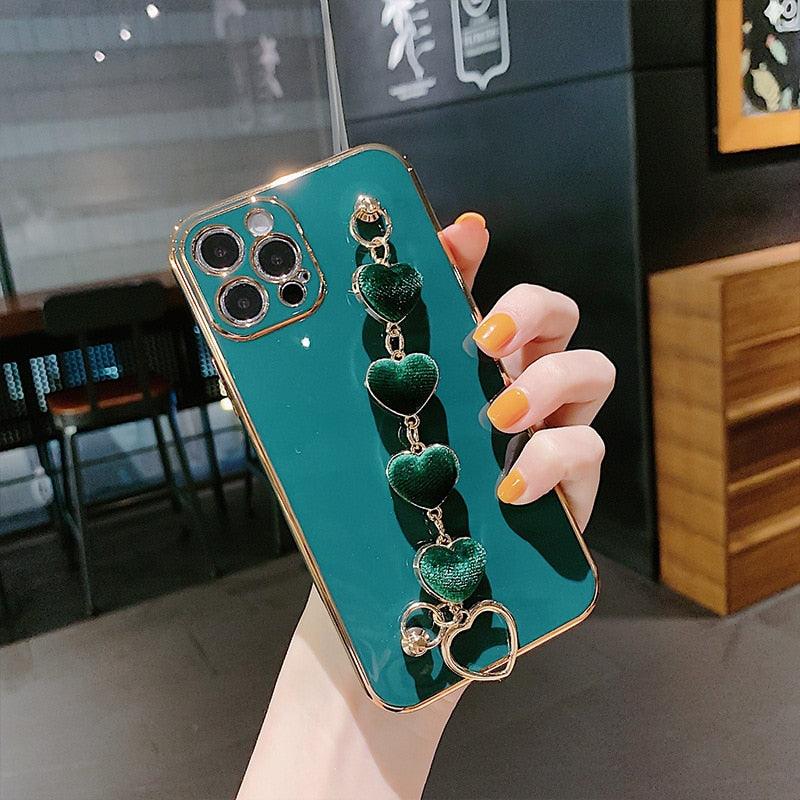 Luxury Women Silicone Phone Case Cover With Wrist Chain Bracelet for iPhone  Wristband Bracelet Hand Holder Cover for iPhone 13 12 11 Pro Max plating Case Heart Chain Cases for iPhone 7 8 Plus XR XS Max X