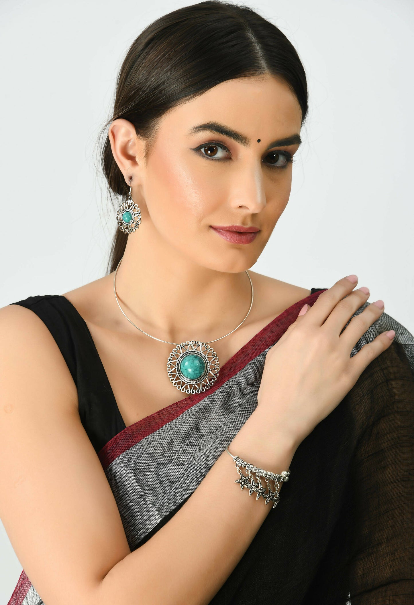 Mominos Fashion Johar Kamal Oxidised Silver-Plated Stone Work Necklace Handicraft