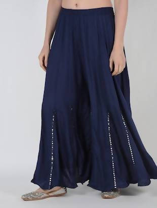Mominos Fashion Navy Blue Viscose Rayon Flared Palazzo with Mirror Lace Work