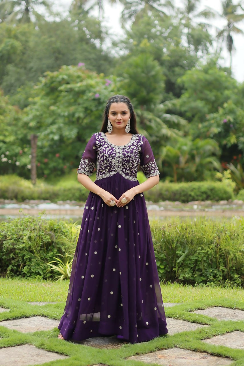 Vastranavya Premium Designer Faux Blooming with Embroidery Zari Sequins work Gown - Purple