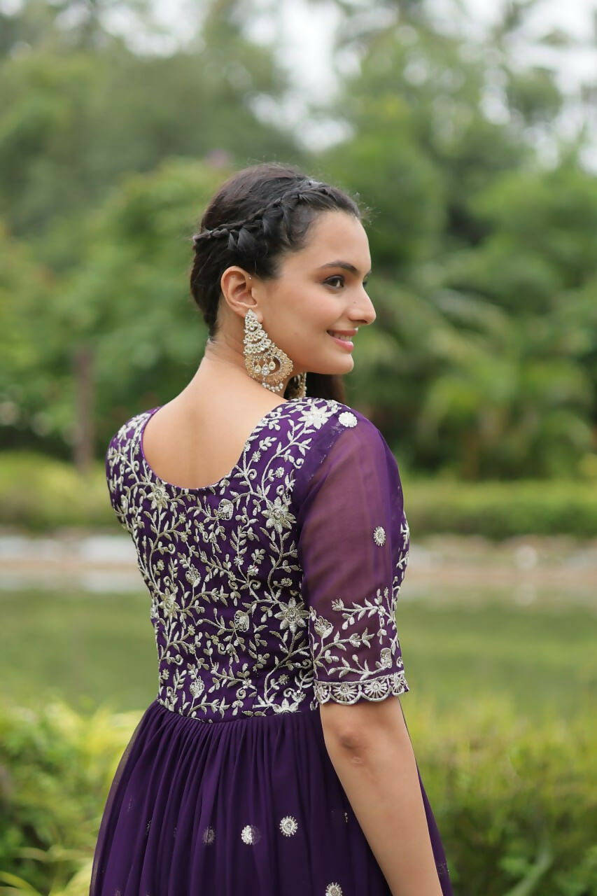 Vastranavya Premium Designer Faux Blooming with Embroidery Zari Sequins work Gown - Purple