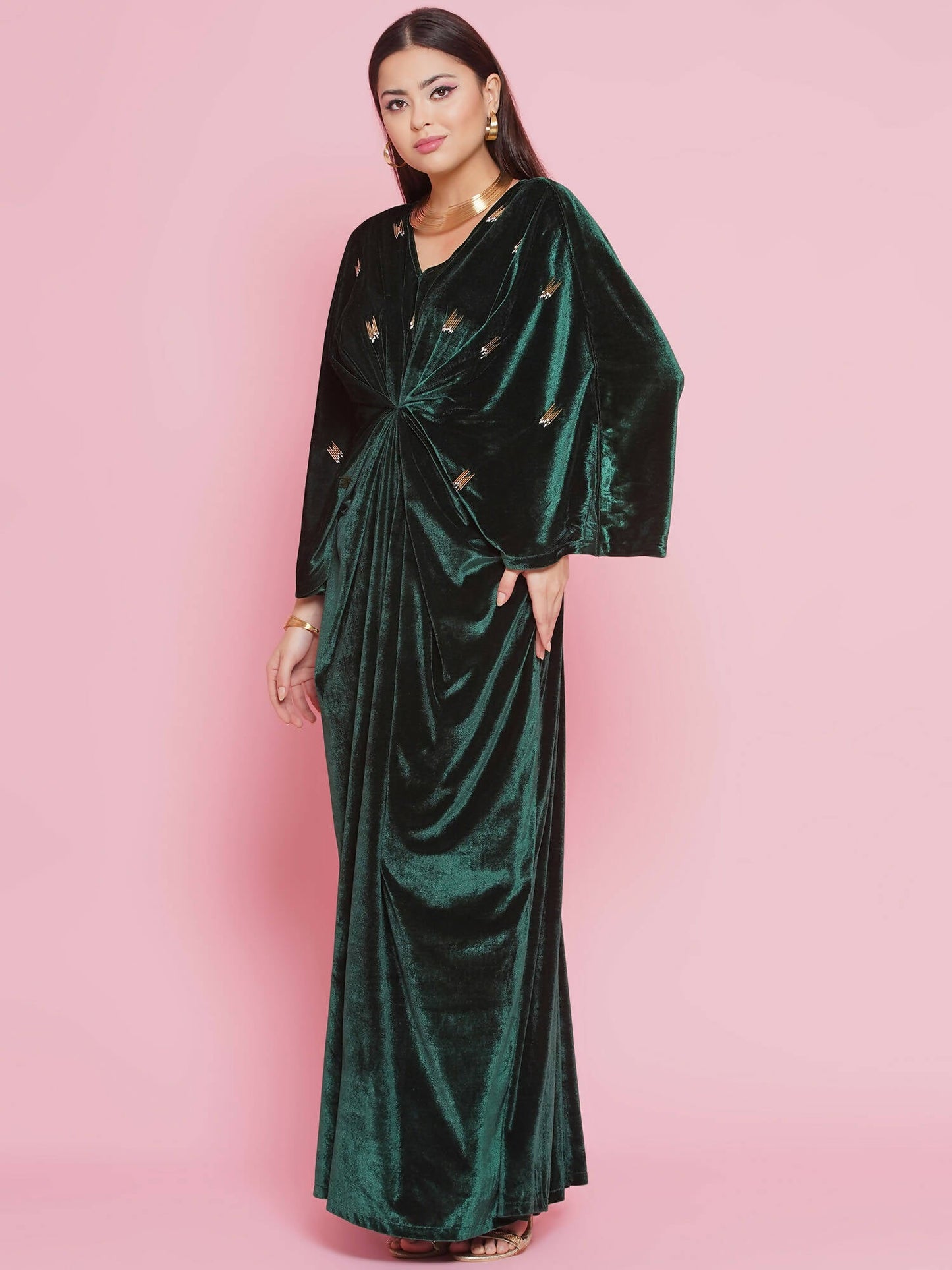 Women Republic Green Velvet Hand Embellished Gown
