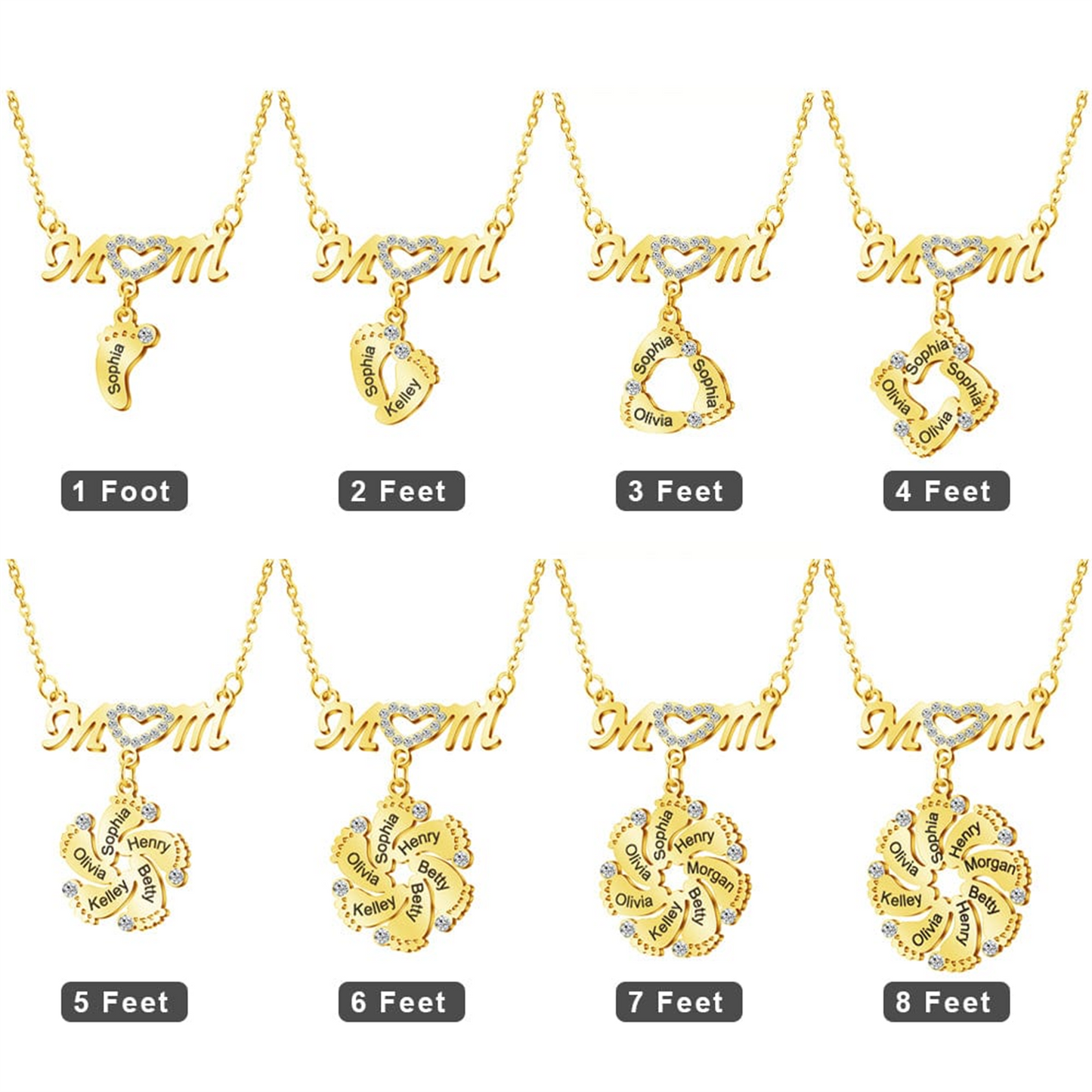 Personalized Diamond Mom Necklace With Crystal Baby Feet Engraved Names Pendant