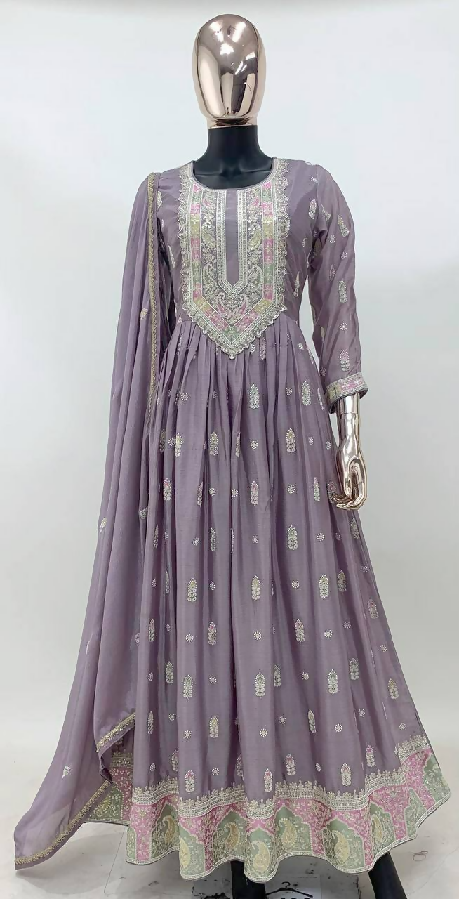 Lorenvalley Fashion Lavender Chinon Embroidery With Sequince Work Gown Stitched