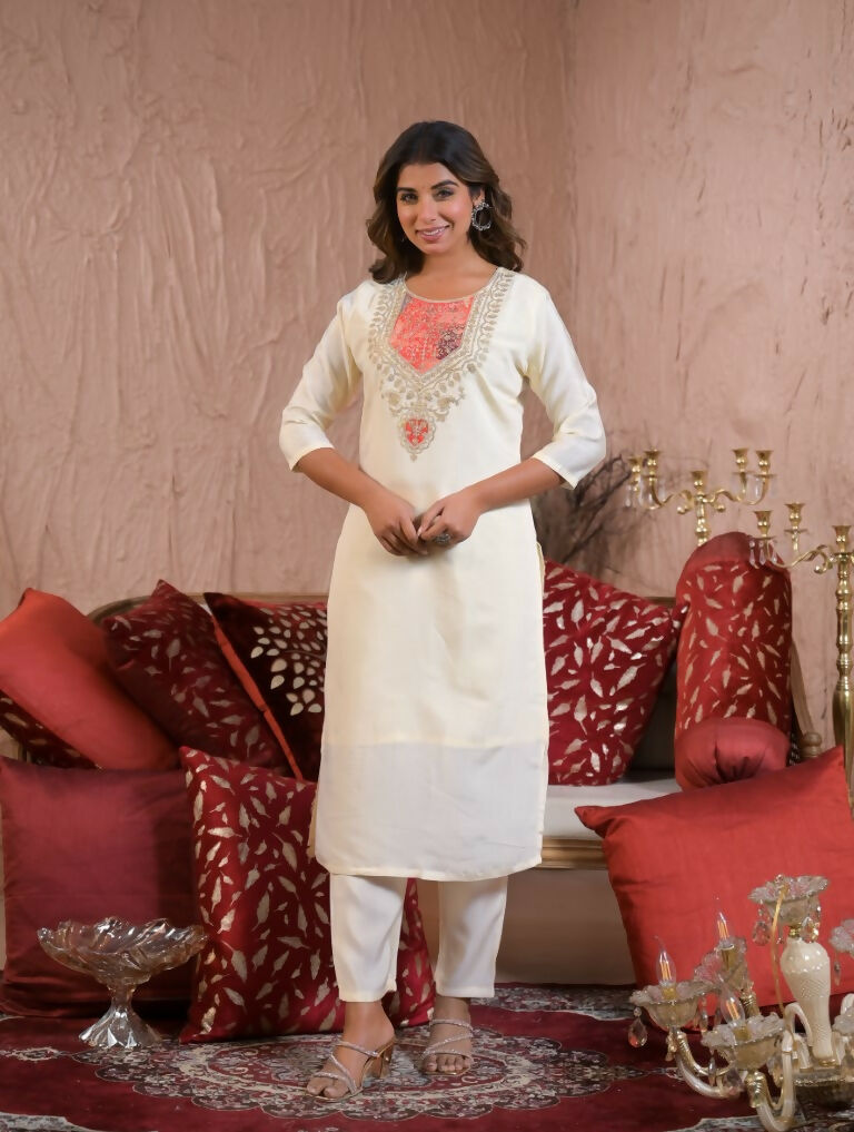Ethnic Festive Wear Chanderi Silk Cream Stitched Suit With Dupatta - Tanisha