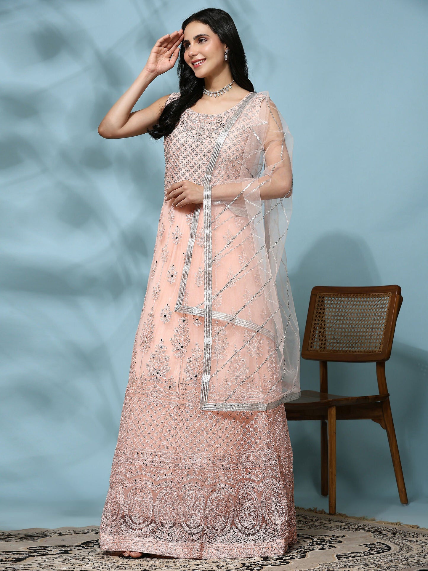 Peach Net Hand Embroidered Gown - Rudrani