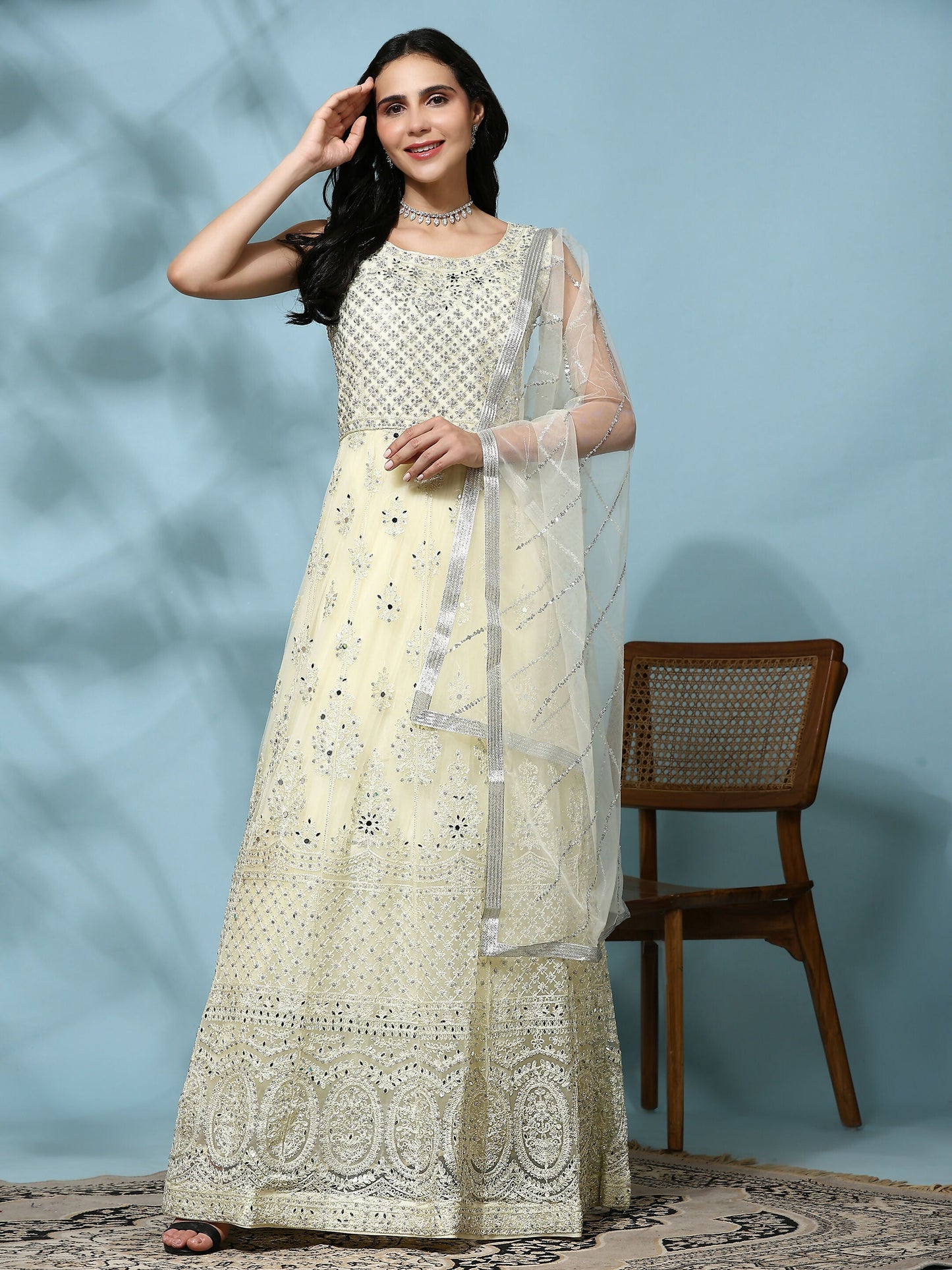 Yellow Net Hand Embroidered Gown - Rudrani