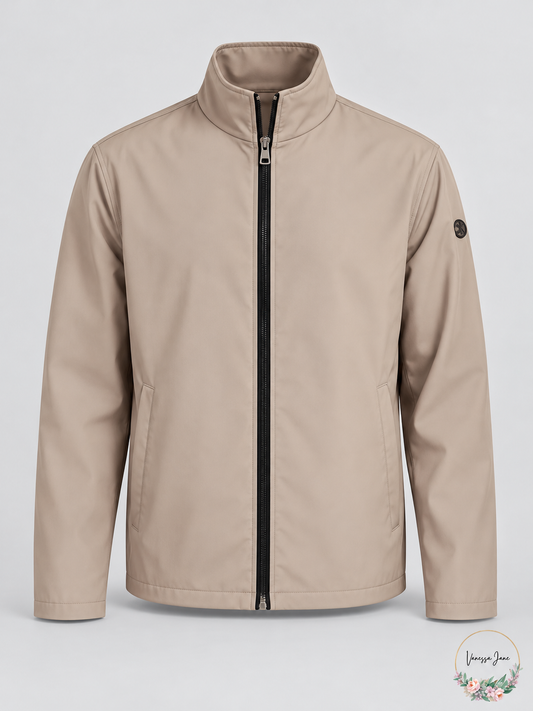 Calvin Klein Mens Full-Zip Water Resistant Bonded Jacket Beige, Size Small