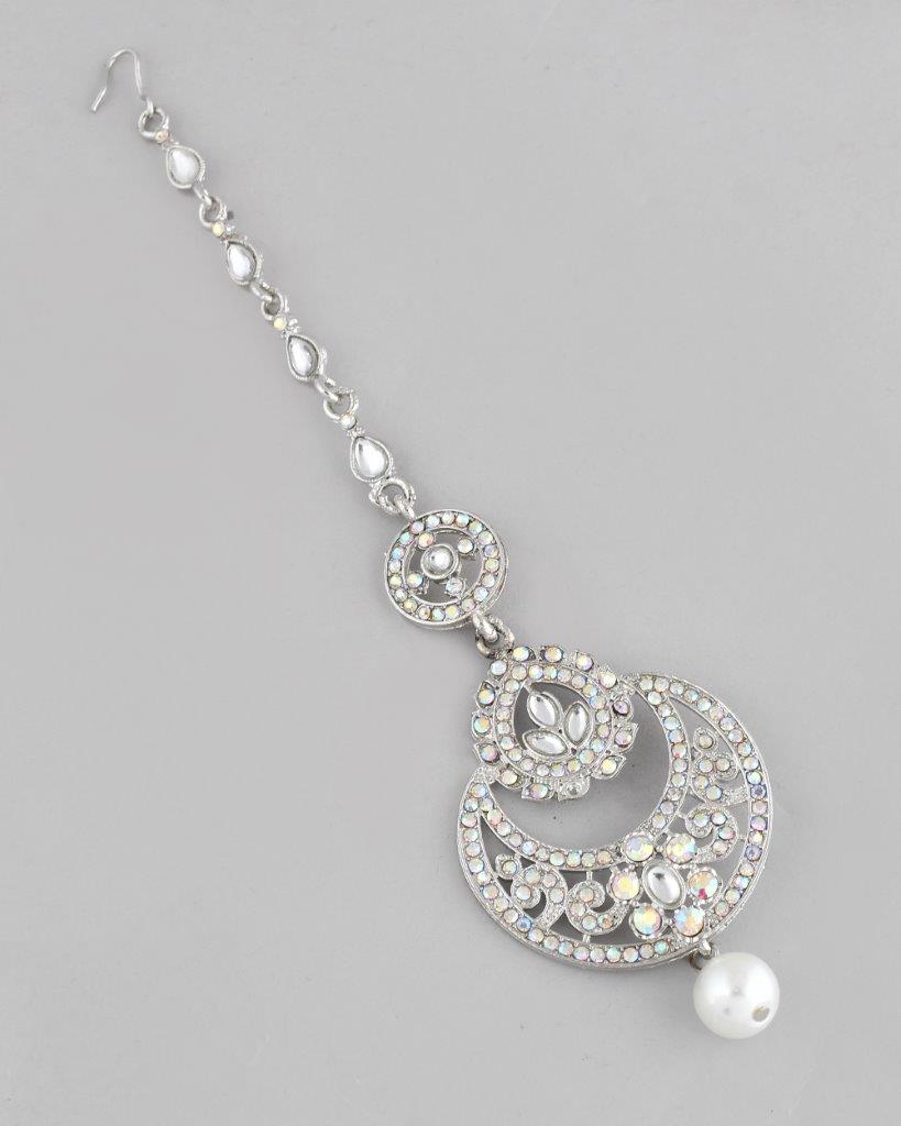 VOJ Silver Plated White AD-Studded Handcrafted Maang Tikka
