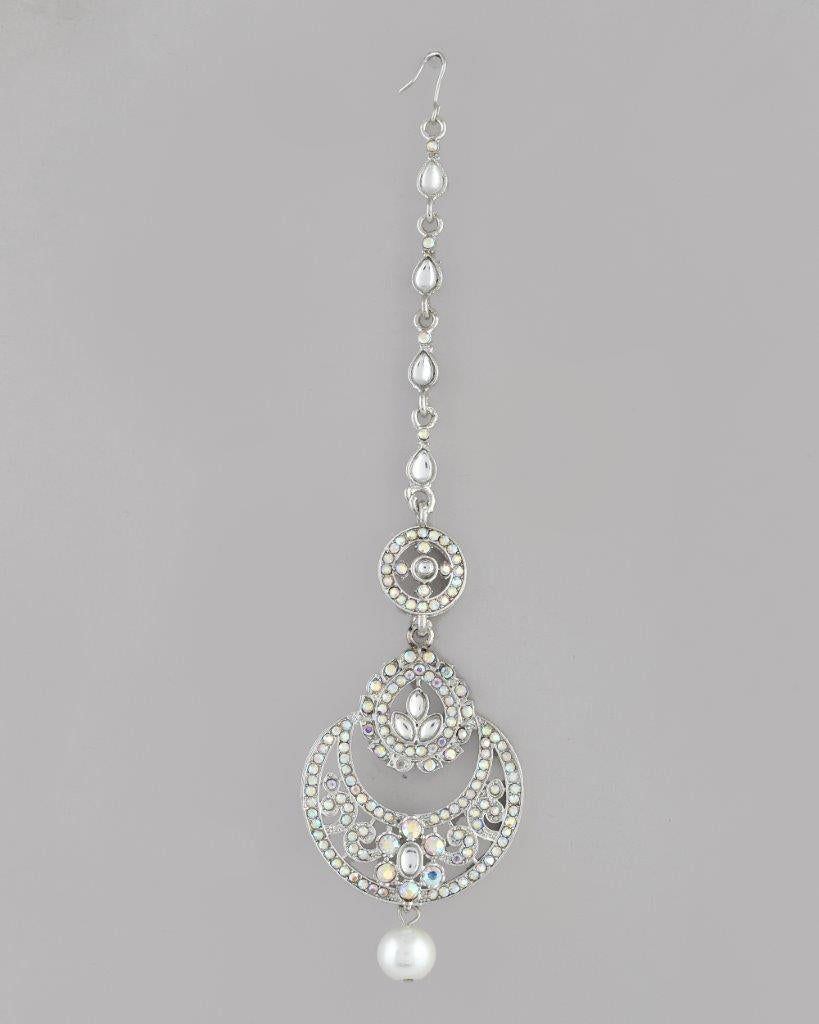 VOJ Silver Plated White AD-Studded Handcrafted Maang Tikka