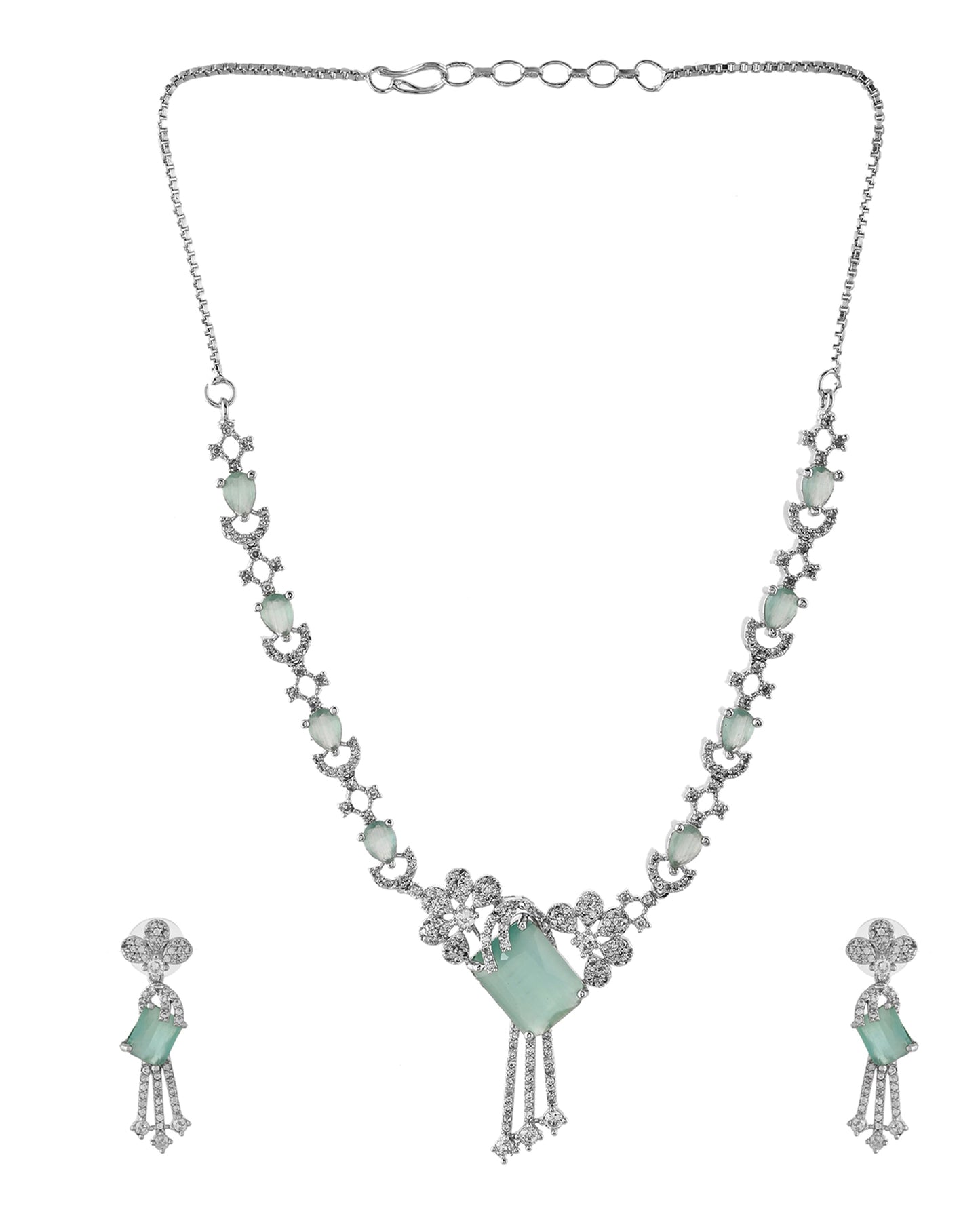 VOJ Silver Plated CZ Stone Studded Designer Necklace With Earrings Set