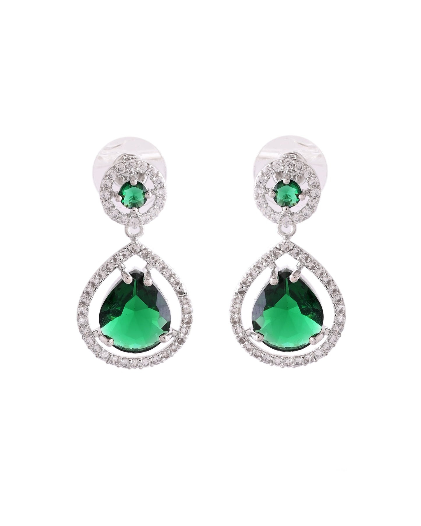 VOJ Silver Plated Green Stone Studded Teardrop Shaped Earrings