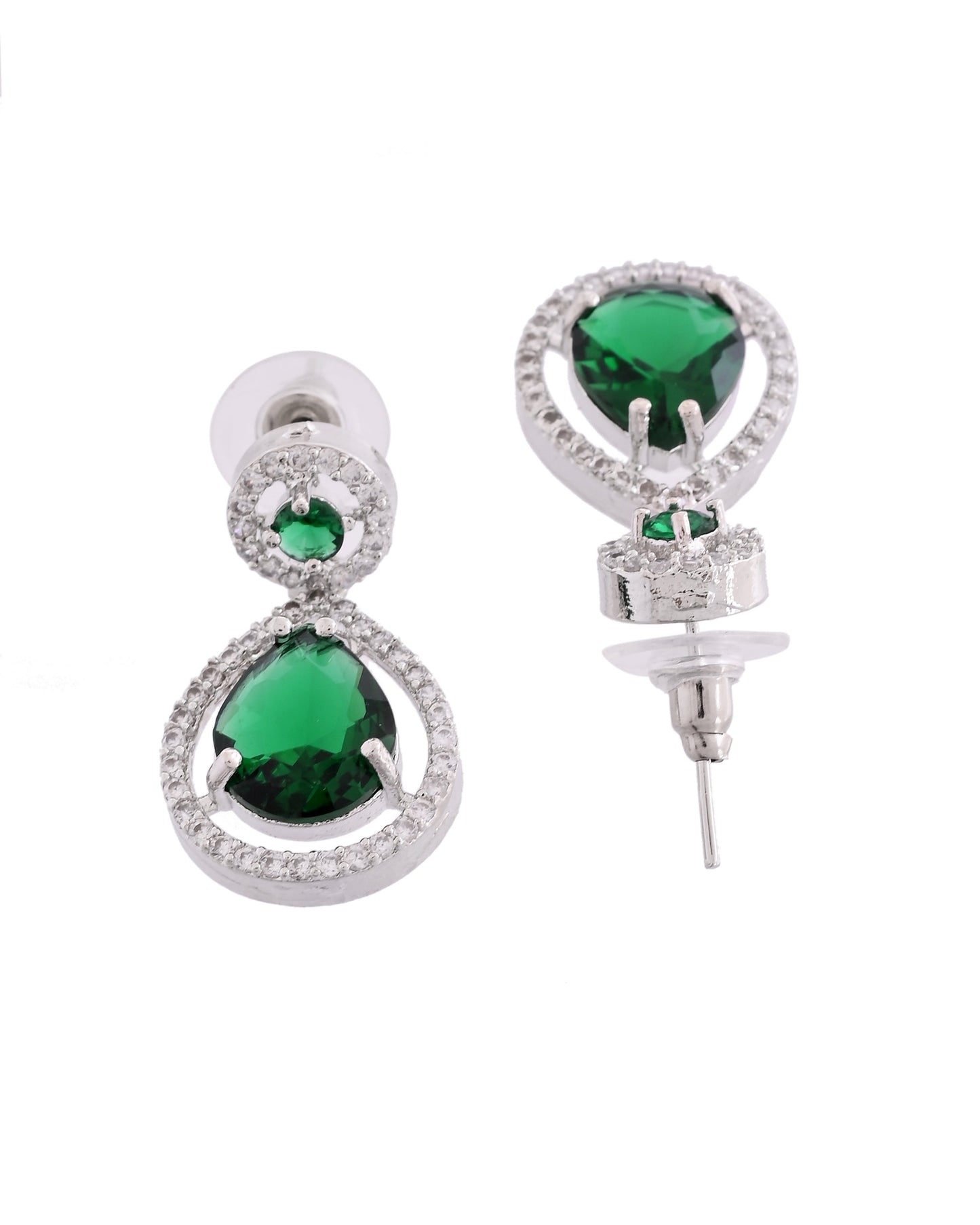 VOJ Silver Plated Green Stone Studded Teardrop Shaped Earrings
