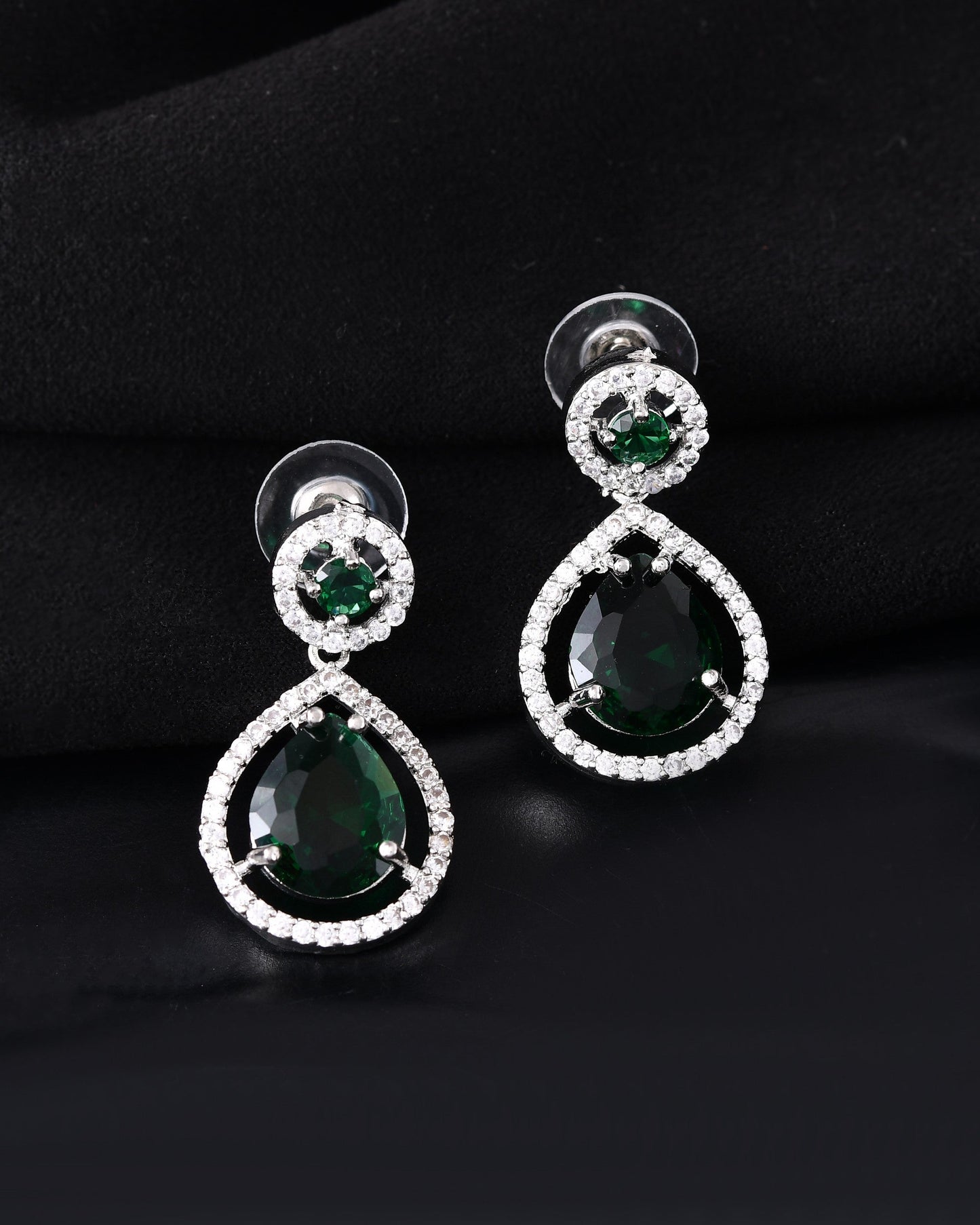 VOJ Silver Plated Green Stone Studded Teardrop Shaped Earrings