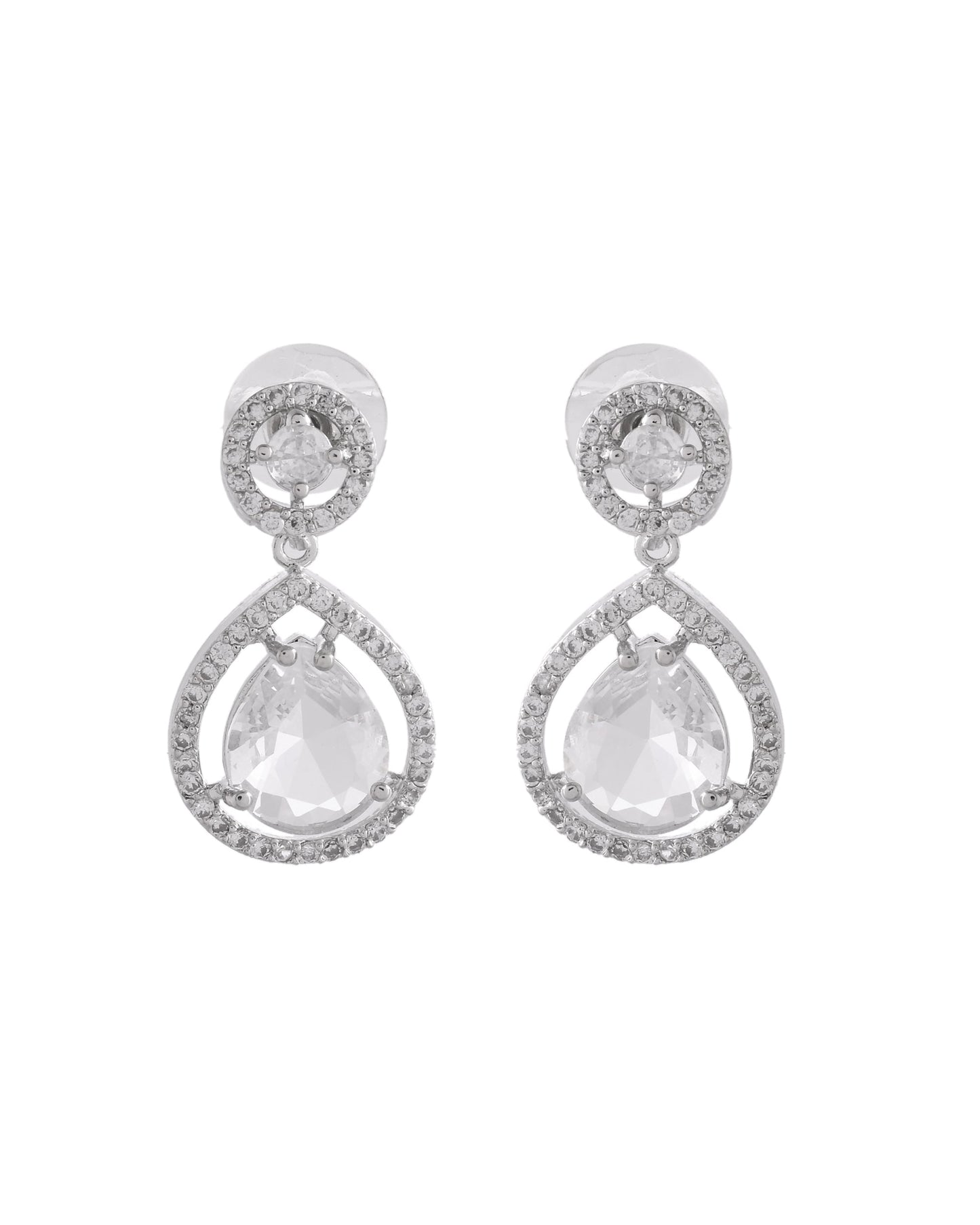 VOJ Silver Plated Stone Studded Teardrop Shaped Earrings
