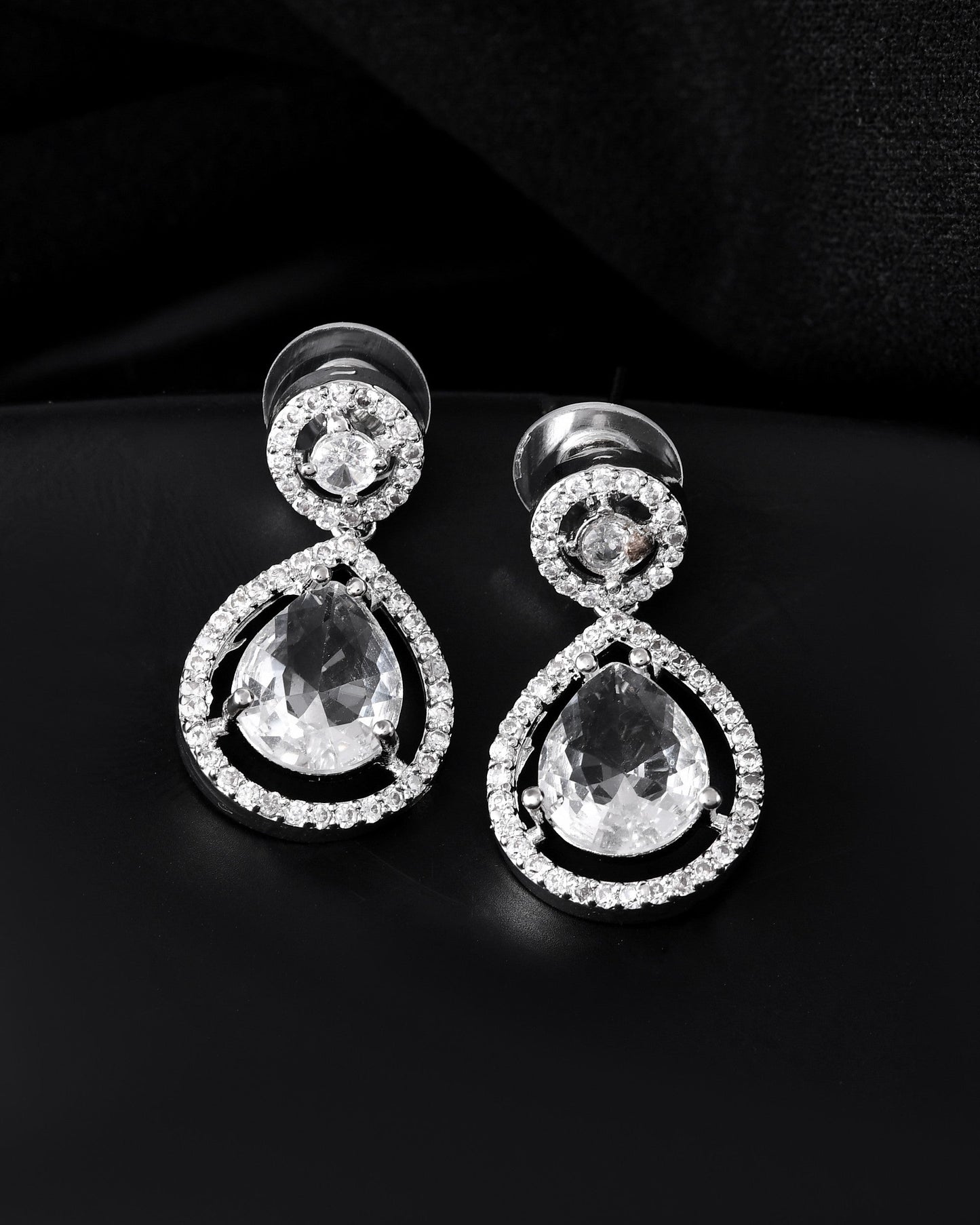 VOJ Silver Plated Stone Studded Teardrop Shaped Earrings