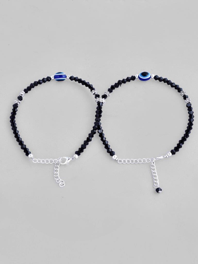 VOJ Set of 2 Silver Plated Beads Evil Eye Anklet