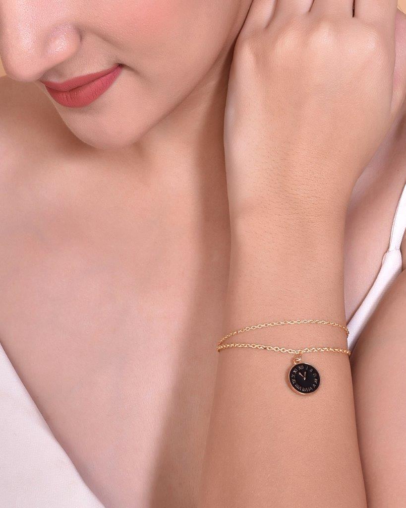 VOJ Gold-Polished Black Clock Charm Bracelet