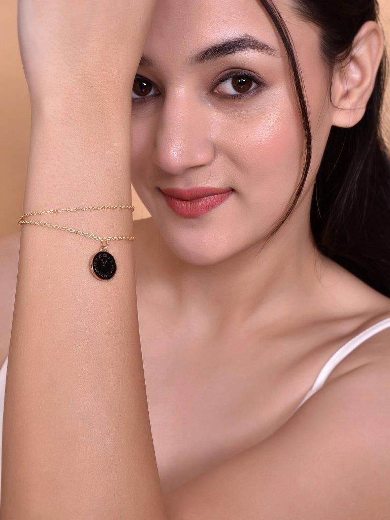 VOJ Gold-Polished Black Clock Charm Bracelet