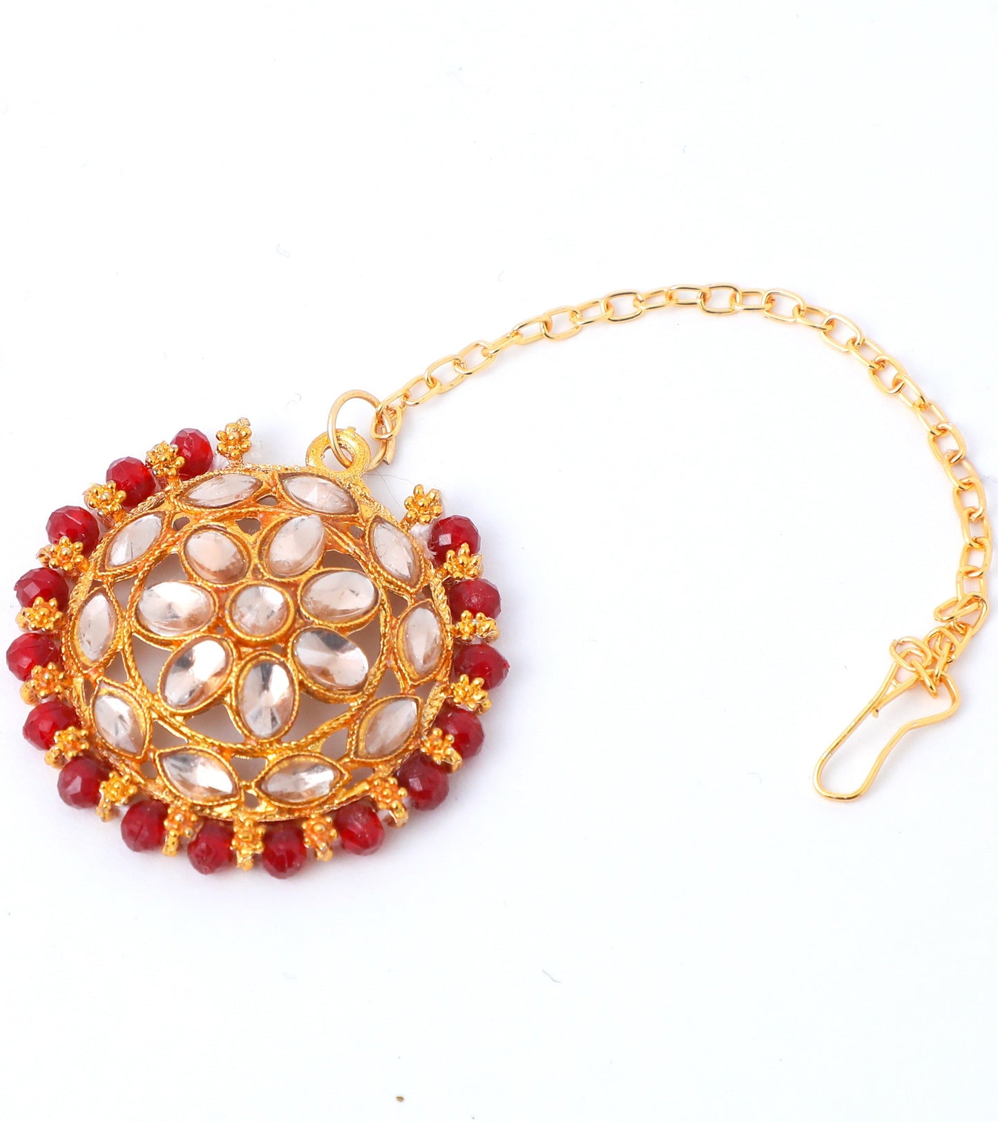 VOJ Gold-Polished Red Beads Kundan Choker Jewellery Set With Mang Tikka