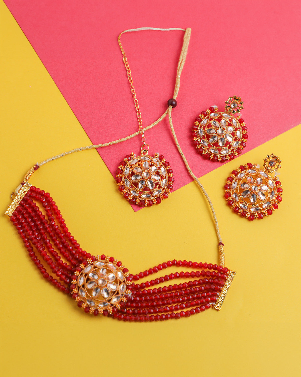 VOJ Gold-Polished Red Beads Kundan Choker Jewellery Set With Mang Tikka