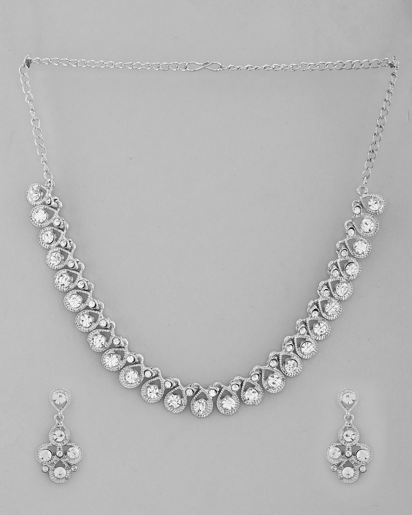 VOJ AD Stone Studded Silver Plated Necklace and Earrings Set